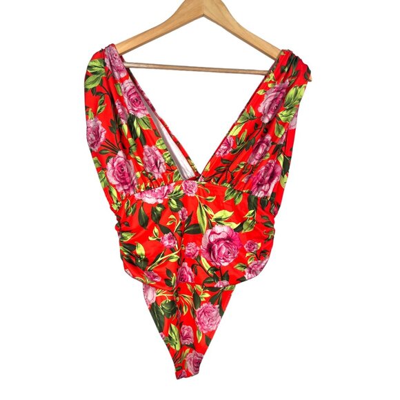 Zara Floral Red Rose Draped Bodysuit ruched boho sz L - Picture 4 of 10